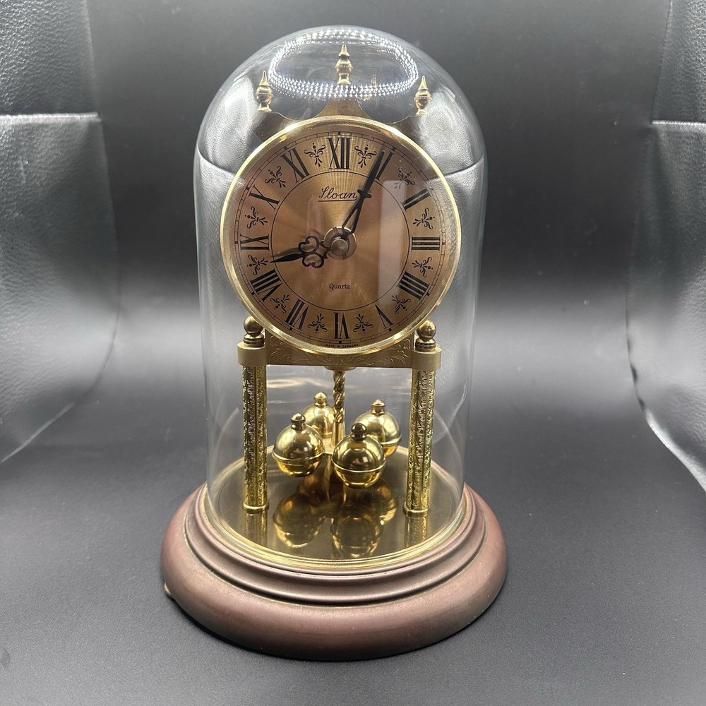 SLOAN German‎ Vintage Anniversary Clock Quartz w Glass Dome battery operated